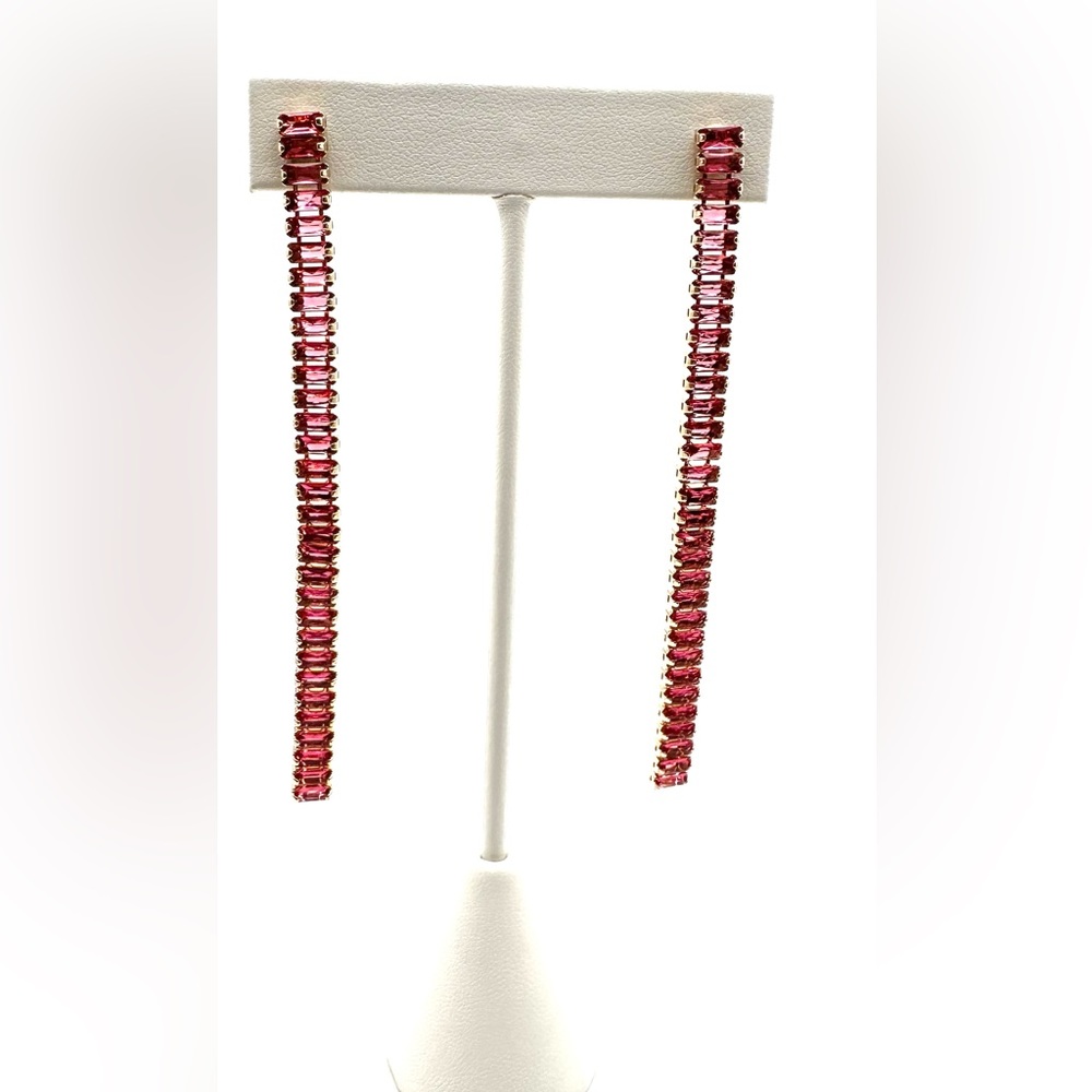 Brand New Rhinestone Strand Pink 3.5” Drop Earrings High Fashion STATEMENT